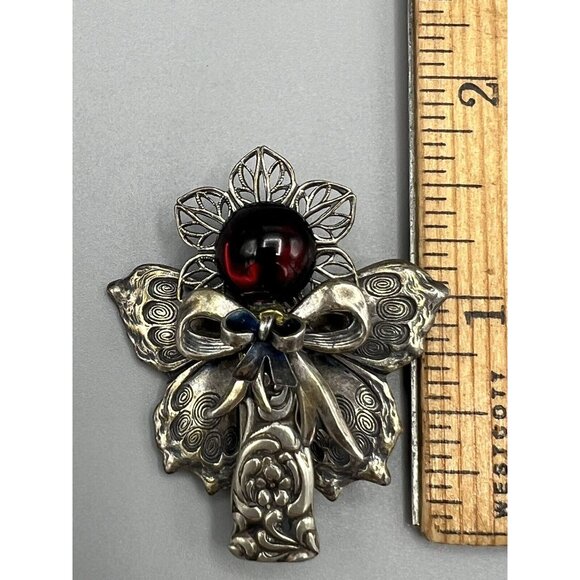 Vintage Rogers Signed Angel Brooch Pin Silver Plate Red Stone 1.5” Floral Bow - Picture 5 of 7